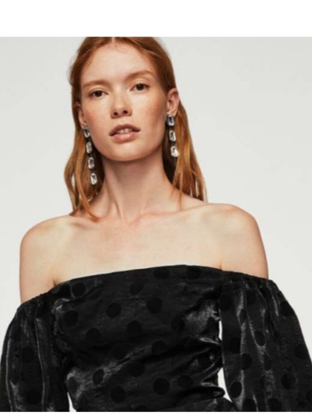 Mango Shiny Black Velvet Polka Dot Off-Shoulder Puff Sleeve Top